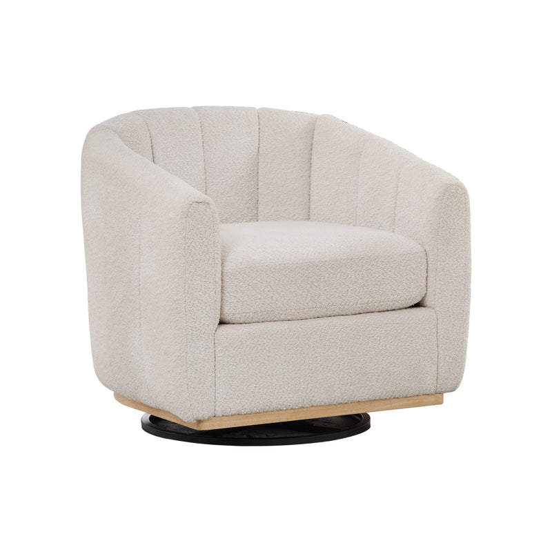 Ivory boucle swivel barrel armchair, rounded arms and back, cushioned seat