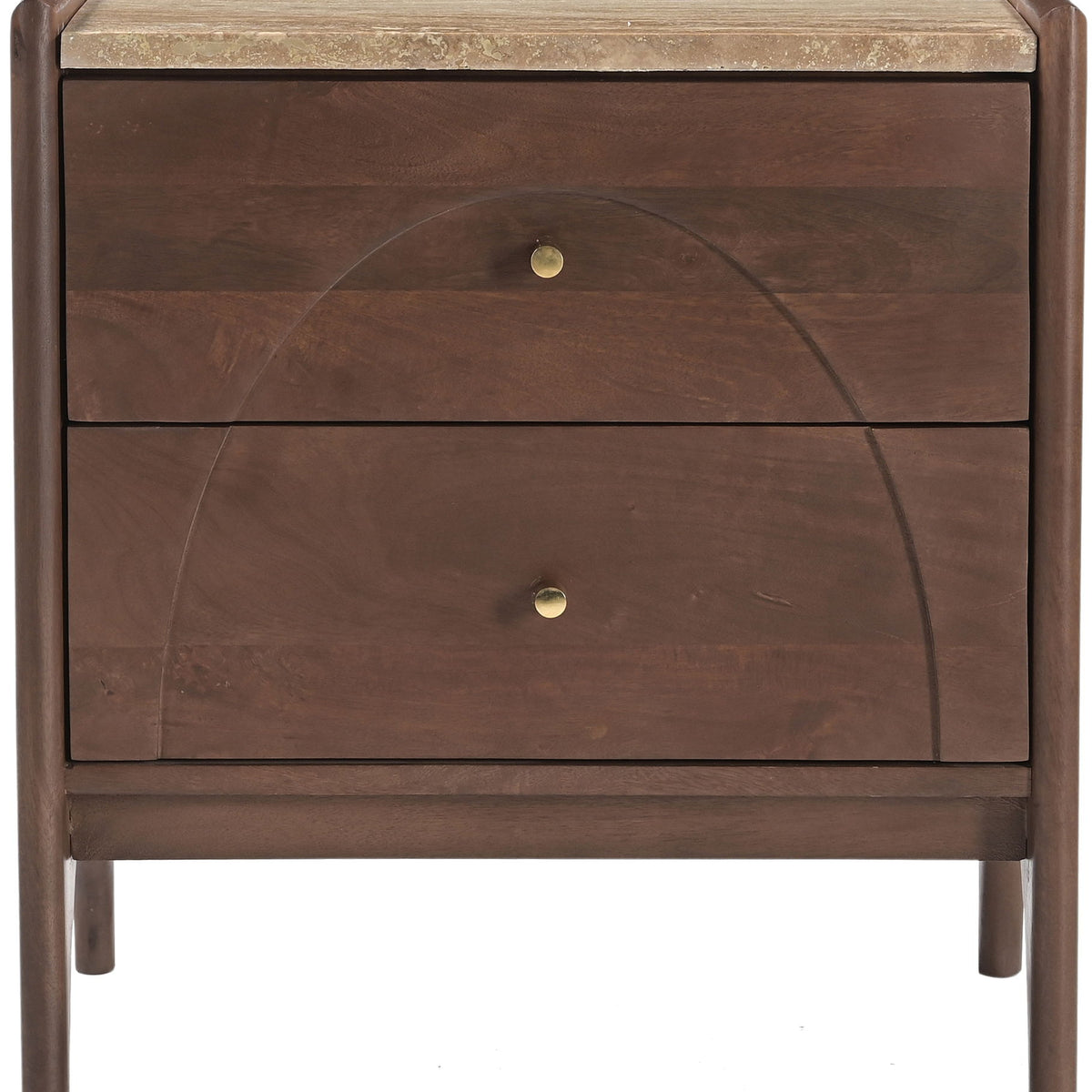 Dark brown mango wood nightstand front with two drawers and brass knobs