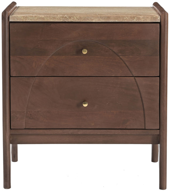 Dark brown mango wood nightstand front with two drawers and brass knobs