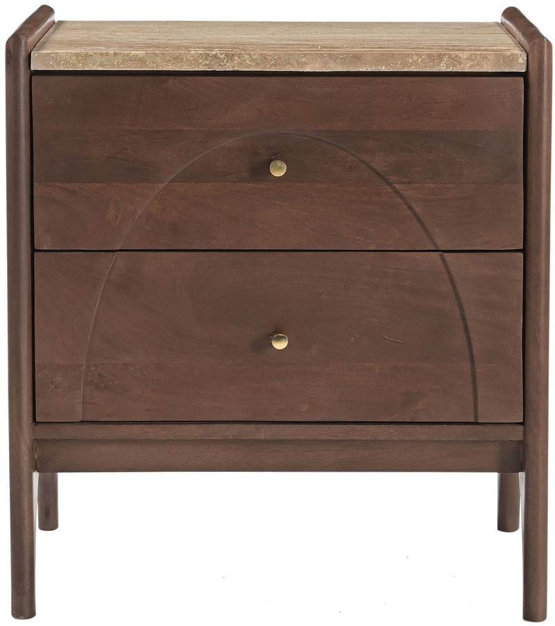 Dark brown mango wood nightstand front with two drawers and brass knobs