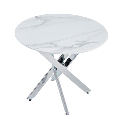 White round dining table with marble-look top and chrome X-frame metal legs