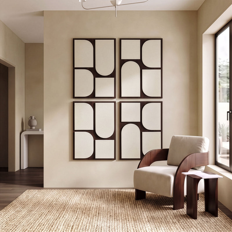 4-piece wood wall art set with dark frame and cream abstract shapes displayed on wall