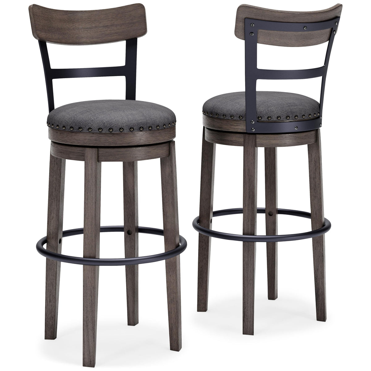 Pair of tall upholstered swivel barstools, gray round seats with nailhead trim