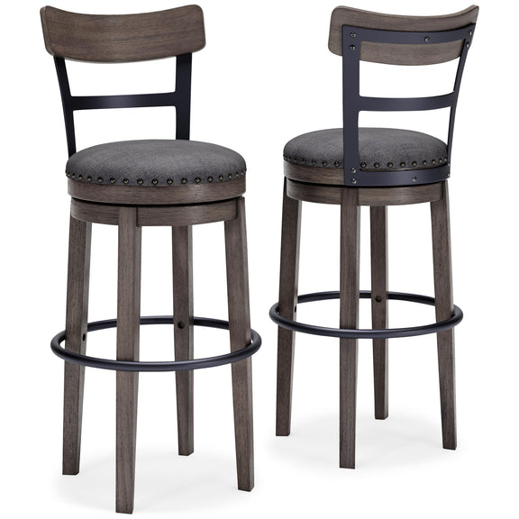 Pair of tall upholstered swivel barstools, gray round seats with nailhead trim