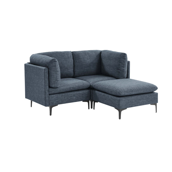 Modular sectional sofa with tall legs, upholstered in blue-gray, corner chaise configuration