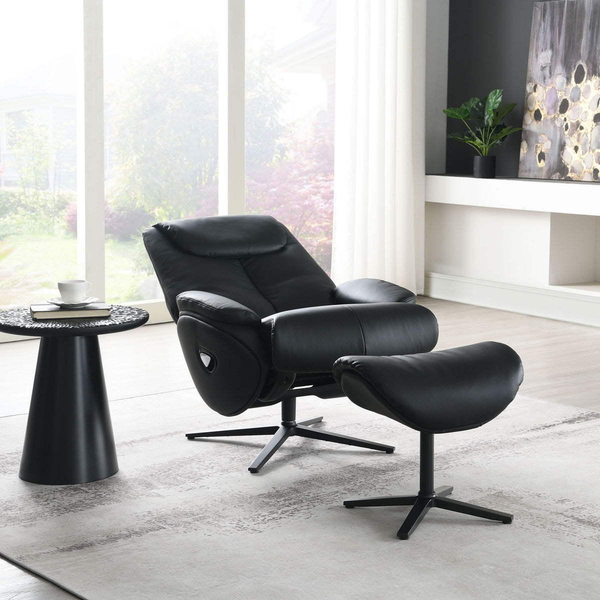 Labotina - Top Grain Leather Accent Chair With Swivel & Ottoman - Black