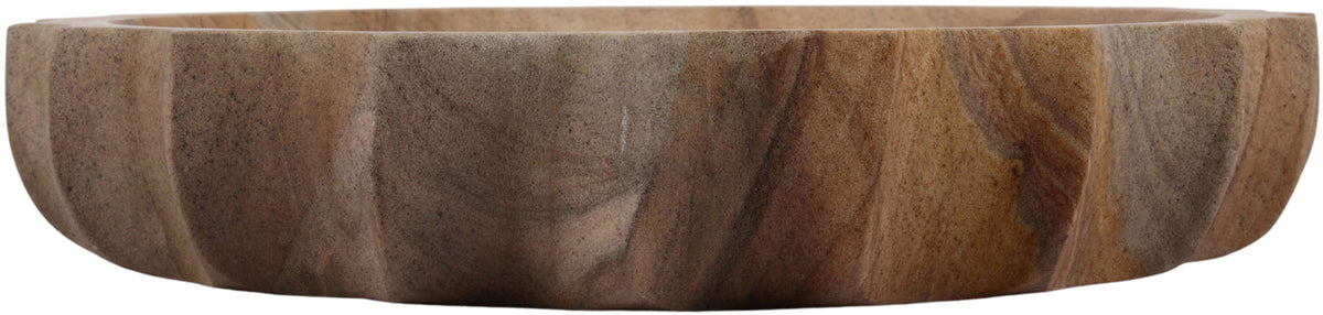 Sandstone bowl with smooth rim and natural wood-like texture, shallow round