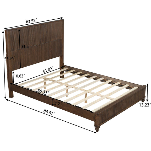Dark brown bed frame with slatted base, shown with size measurements