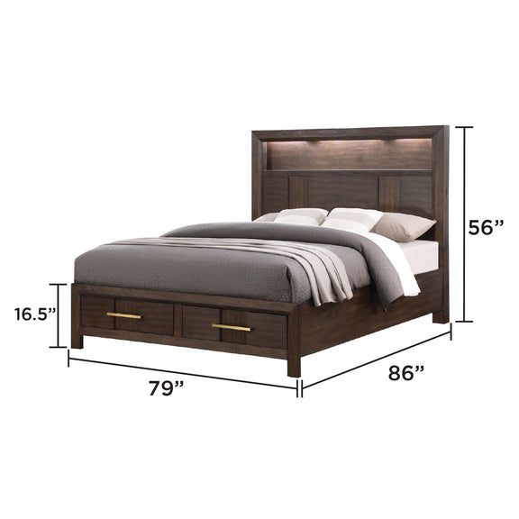 Dark brown storage bed with headboard and 2 under-bed drawers, with bedding