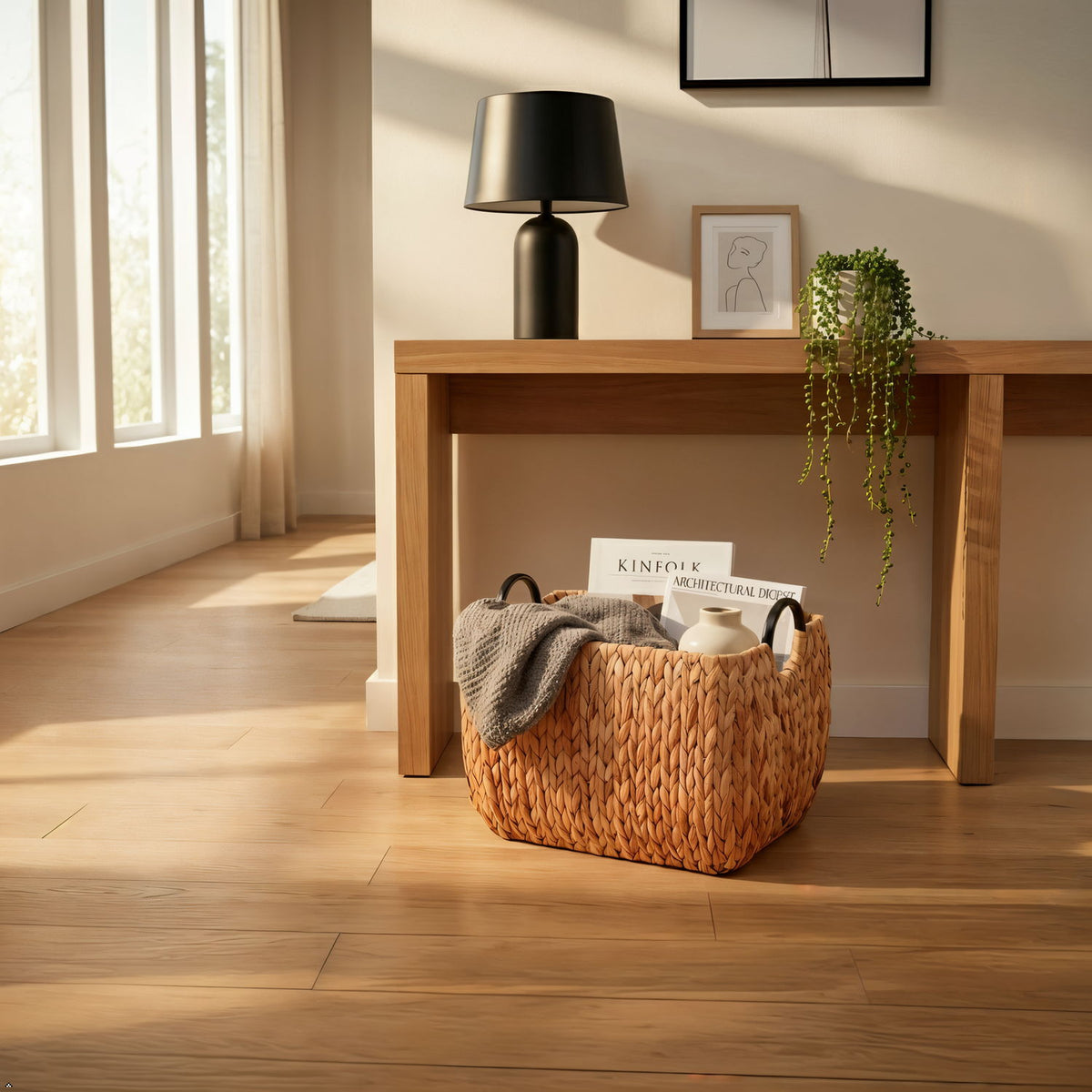 Woven storage basket with black handles, holding a folded throw and decor.