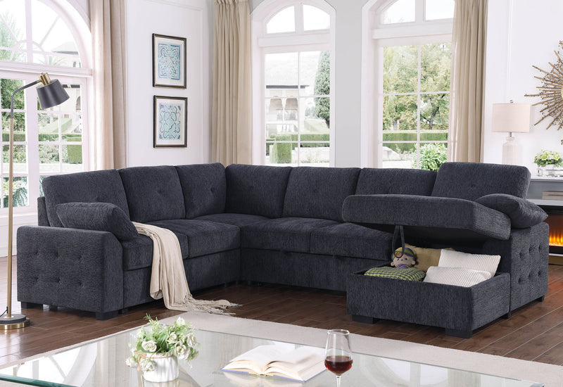 Dark gray upholstered sectional with chaise and pull-out loveseat style storage