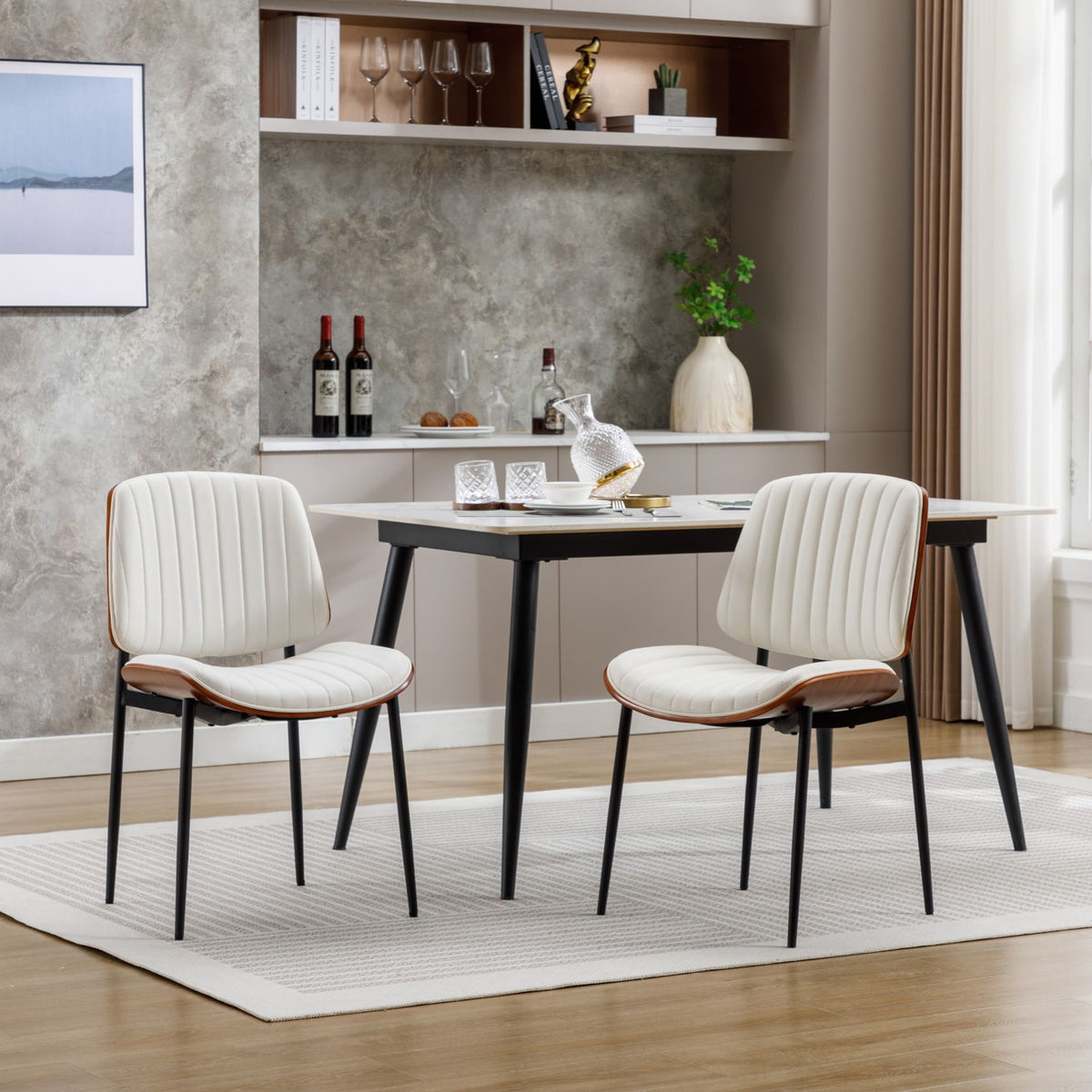 Dining Chairs (Set of 2) Mid-Century Modern Retro Faux Leather Chair With Bentwood Upholstered Seat Metal Legs Adjustable Foot For Kitchen Dining Room Chairs