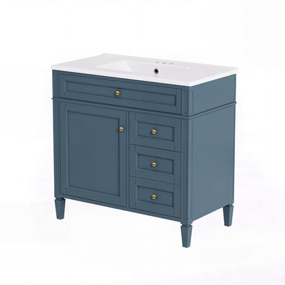 Blue bathroom vanity with white sink, one door, three drawers, tip-out drawer and tapered legs