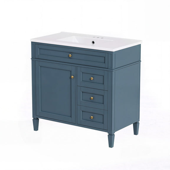 Blue bathroom vanity with white sink, one door, three drawers, tip-out drawer and tapered legs