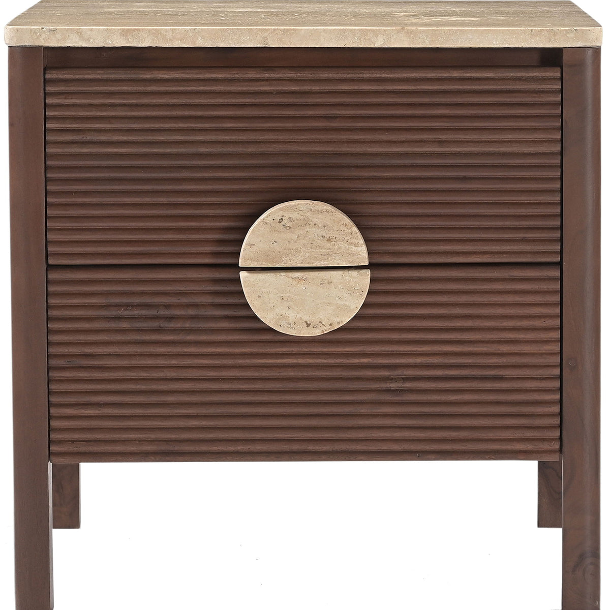 Dark brown acacia wood nightstand with horizontal slat drawer front and round stone pull