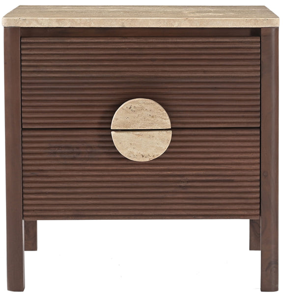 Dark brown acacia wood nightstand with horizontal slat drawer front and round stone pull