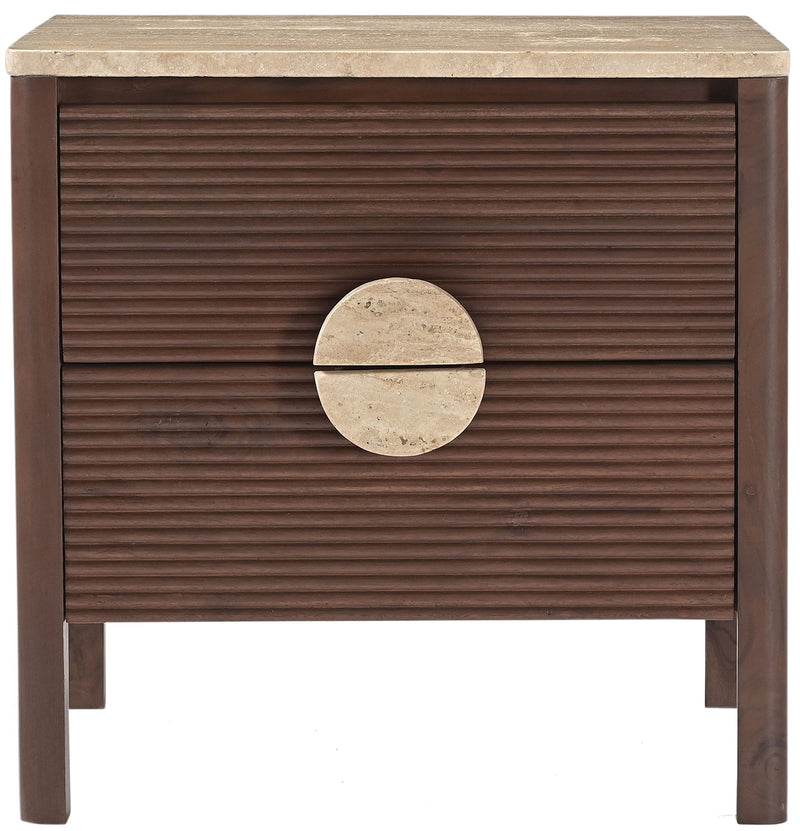 Dark brown acacia wood nightstand with horizontal slat drawer front and round stone pull