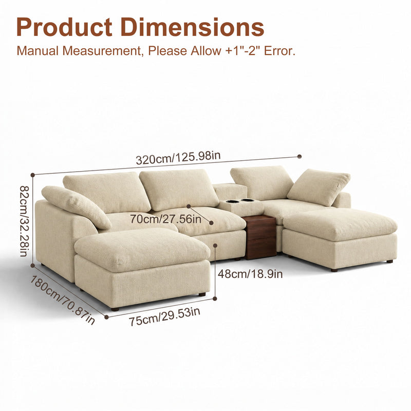Beige modular sectional sofa with storage console and chaise ottomans (dimensions shown)