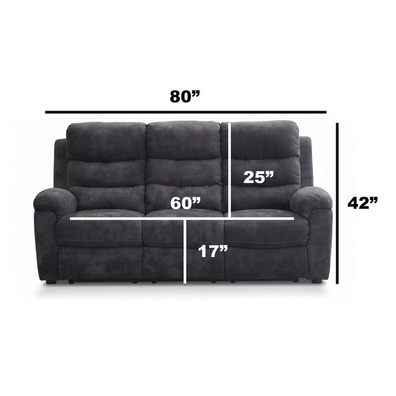 Dark gray 3-seat manual recliner sofa, split back with padded armrests and footrest panels