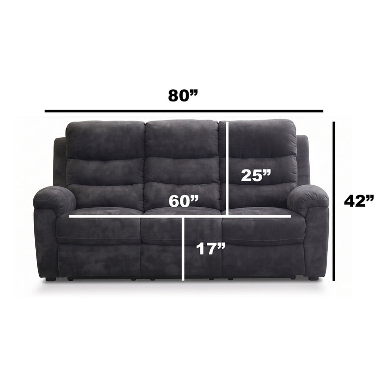 Dark gray 3-seat manual recliner sofa, split back with padded armrests and footrest panels