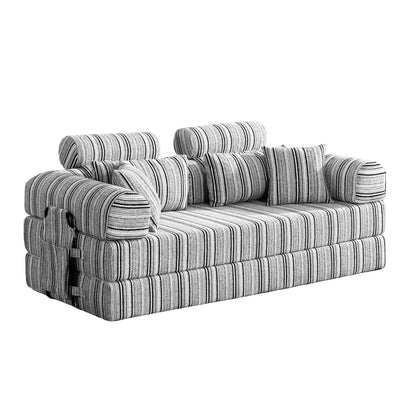 Striped gray sleeper sofa bed with rolled arms and 3 back pillows