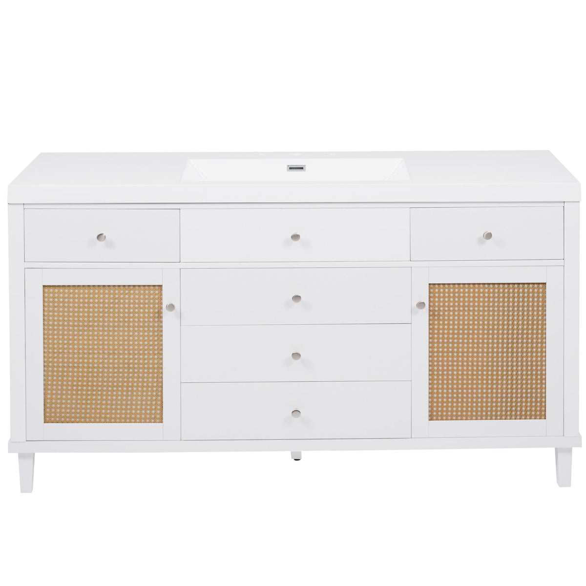 White bathroom vanity with sink top, soft-close drawers, and rattan cabinet doors