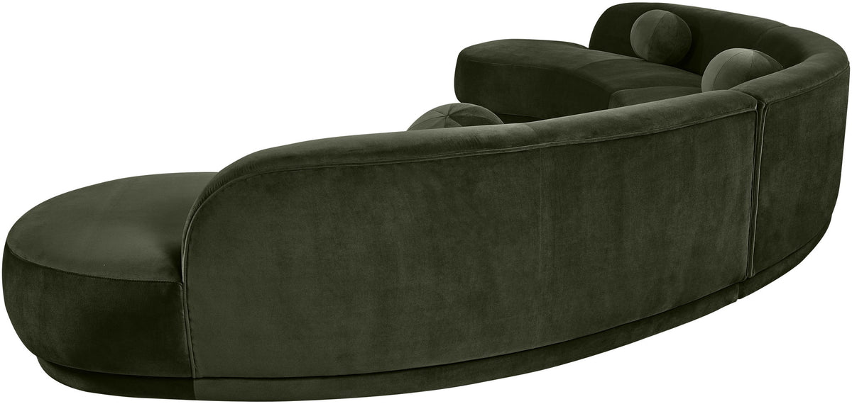 Olive green velvet upholstered sectional chaise with curved back and rounded armrests
