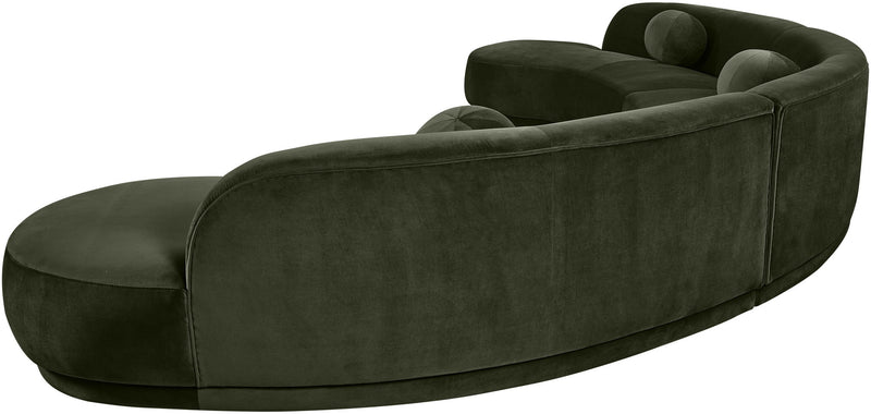 Olive green velvet upholstered sectional chaise with curved back and rounded armrests