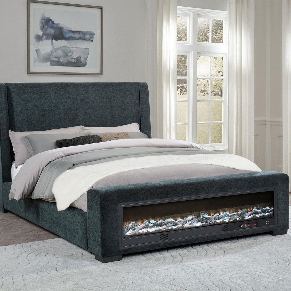 Preston Upholstered Queen Audio Flame Visualizer Bed Dark Blue