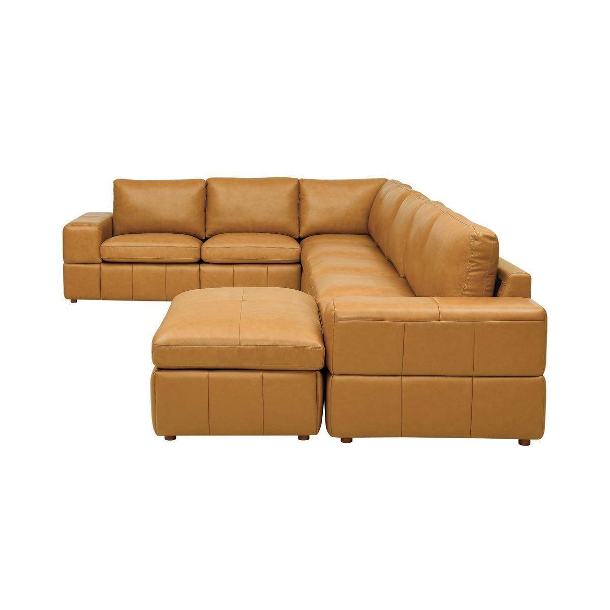 Light brown modular sectional sofa with square arms and ottoman seating blocks
