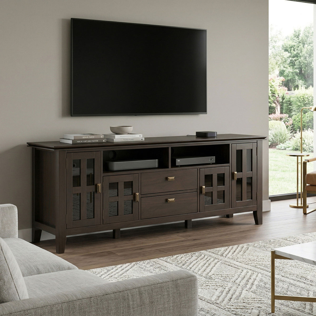 Tobacco brown TV media stand with open shelf center and glass-front storage cabinets