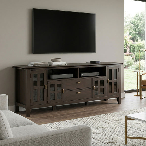 Tobacco brown TV media stand with open shelf center and glass-front storage cabinets