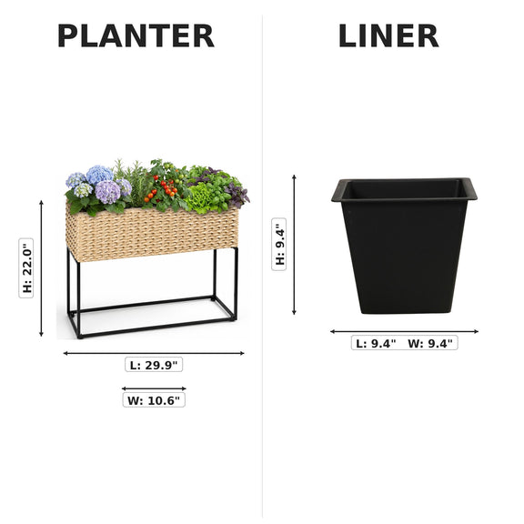 Woven planter with flowers beside a separate black liner insert