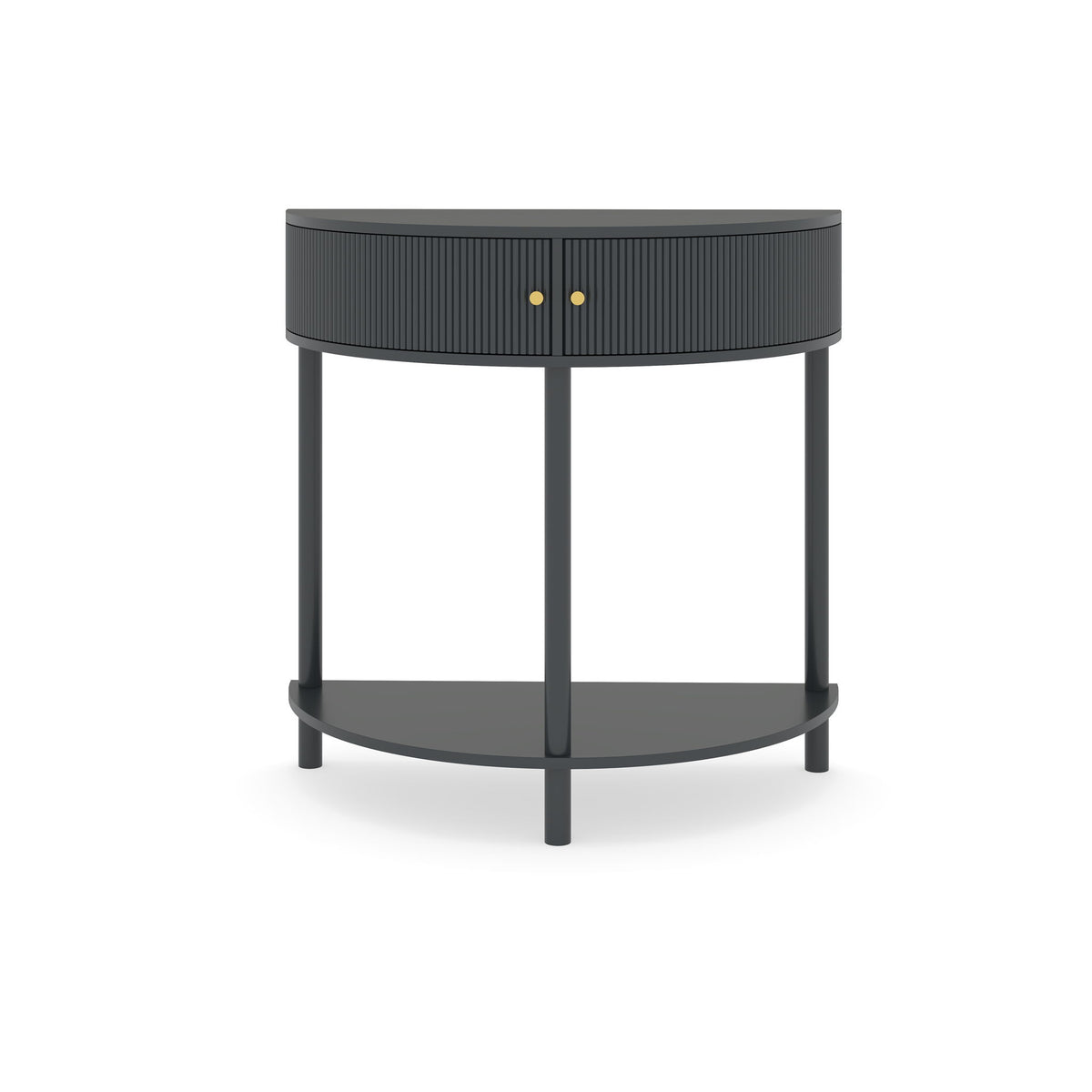 Dark gray demi-lune console table with 2 storage drawers and round bottom shelf