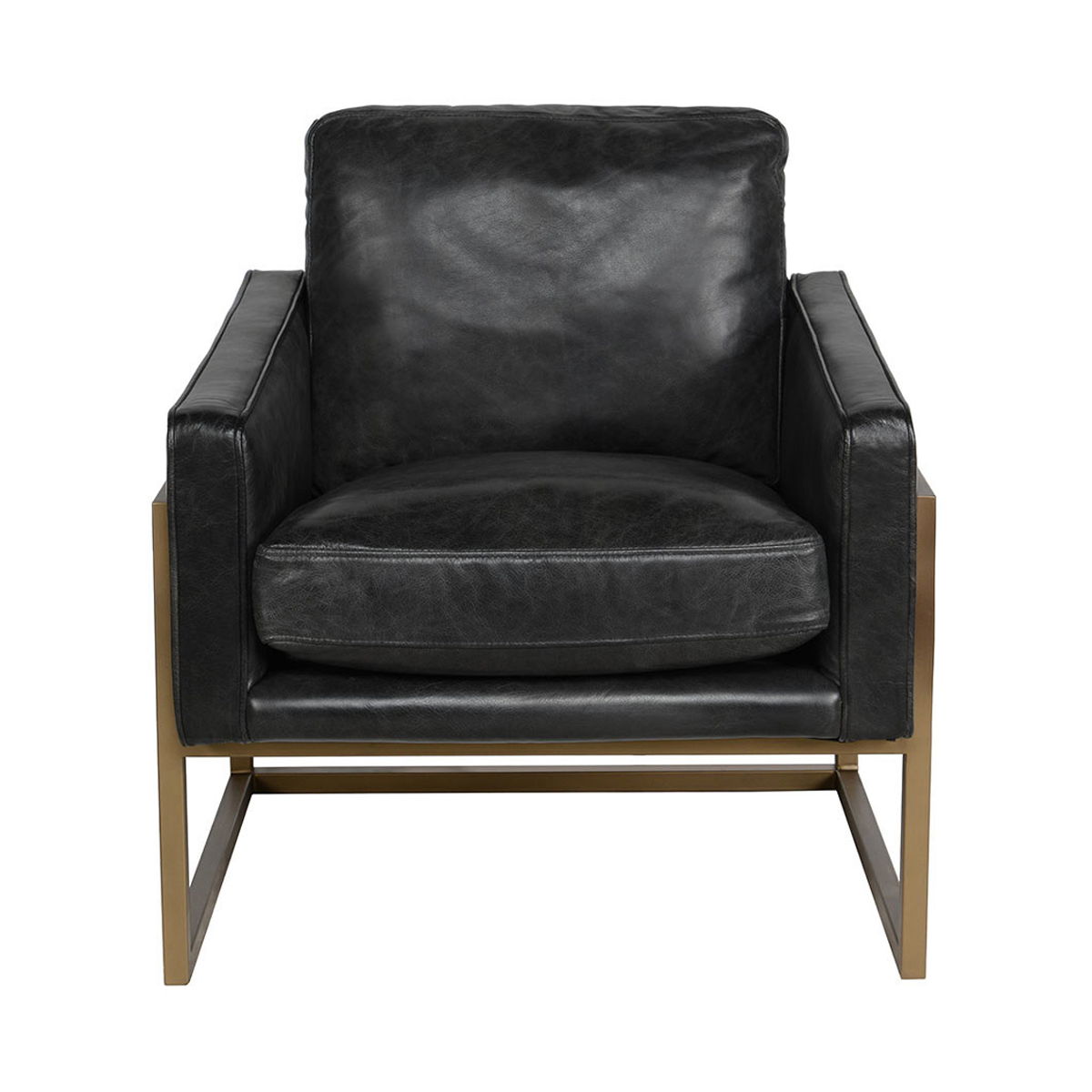 Black leather-look club chair with square seat, tall back, gold metal legs