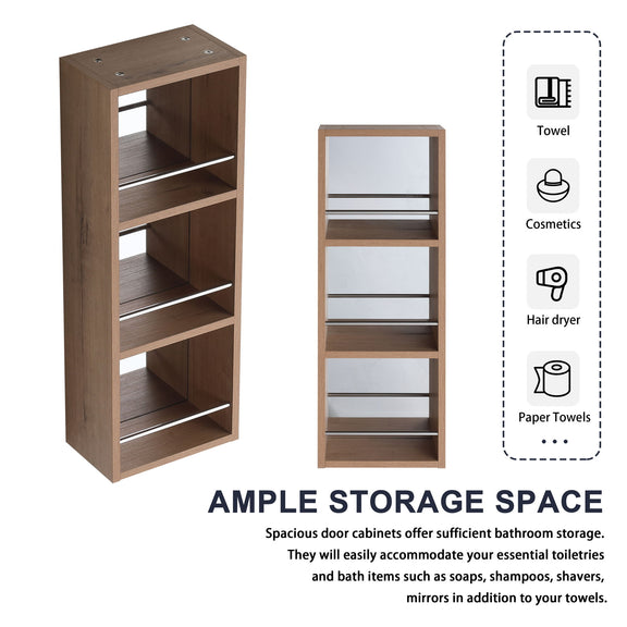 Oak wall mirror cabinet with open shelves and stainless steel rod rails