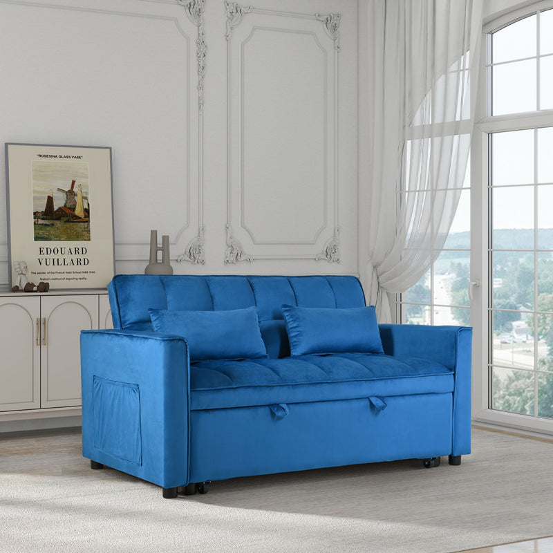Blue velvet convertible sofa bed with tufted back cushions and pull-out mattress