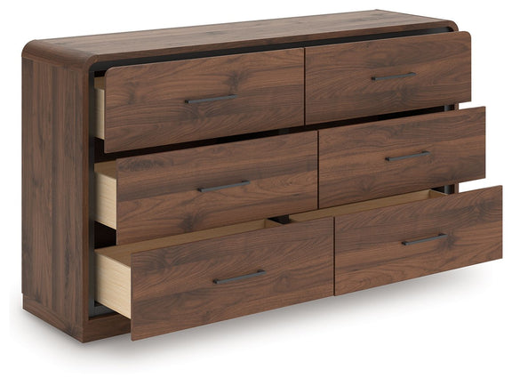 Dark brown wood dresser with layered drawer fronts and metal bar pulls