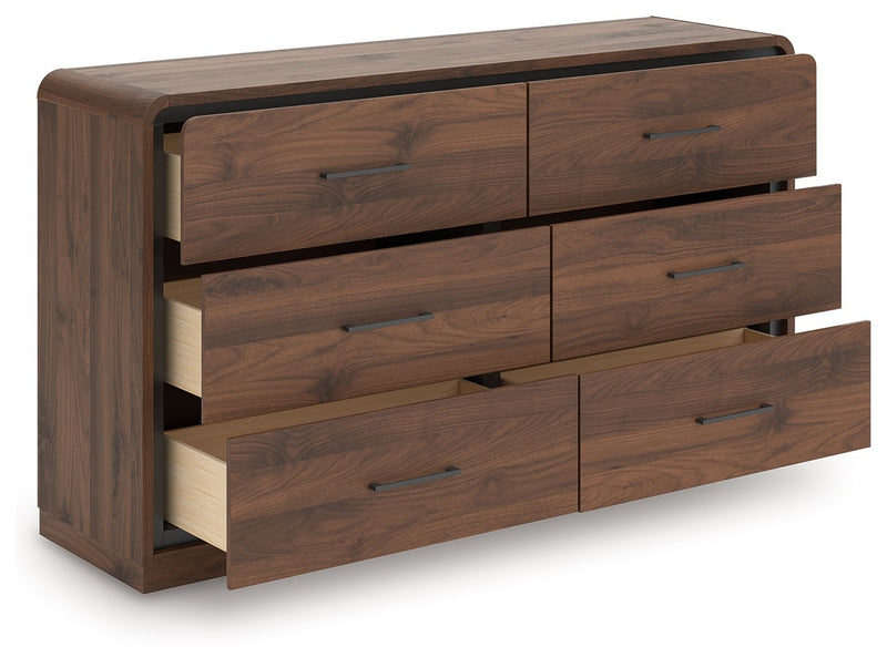 Dark brown wood dresser with layered drawer fronts and metal bar pulls