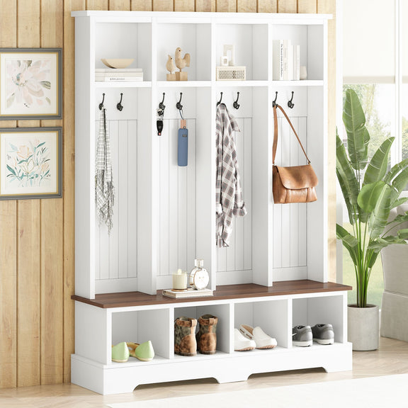 White entryway hall tree with 8 hooks, open shelves, and cubby bench base.