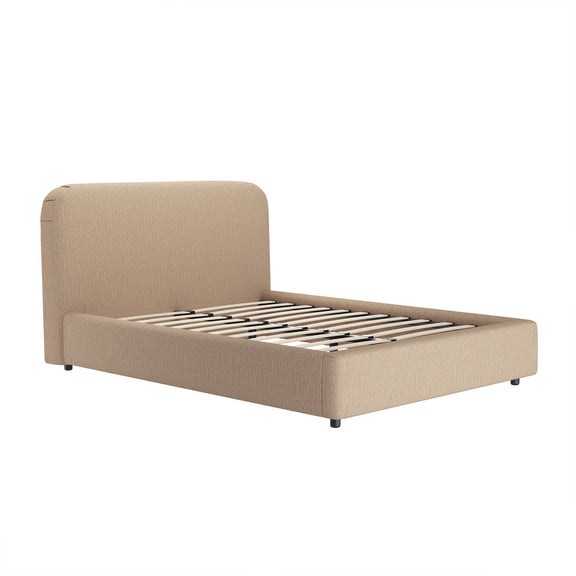 Light brown upholstered bed with rounded headboard and slatted metal support frame