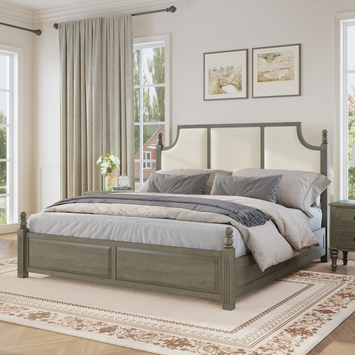 Upholstered platform bed with tall headboard, brown frame, cream paneling, pillows