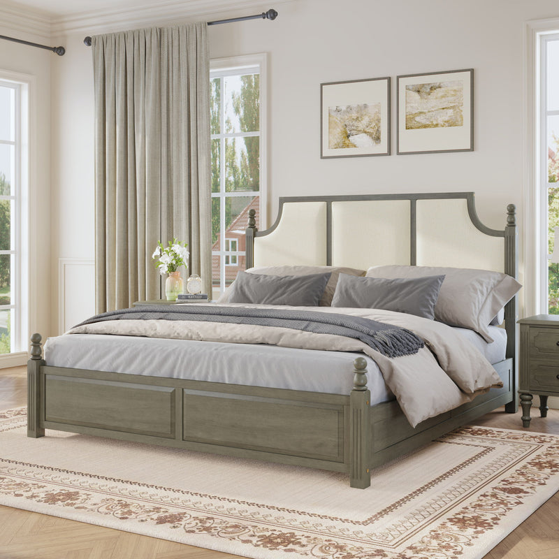 Upholstered platform bed with tall headboard, brown frame, cream paneling, pillows