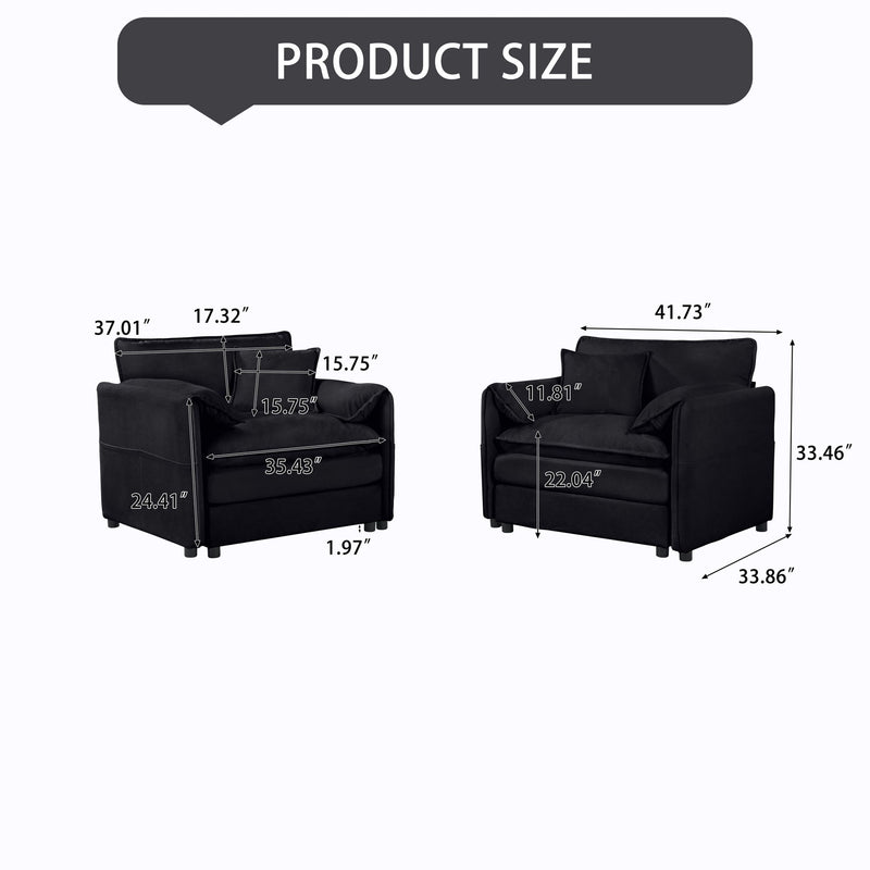 Dark oversized accent chair set of 2 with dimensions shown; padded seat, back, and arms