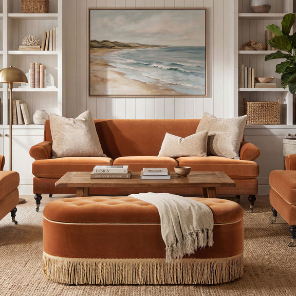 Orange three-cushion sofa with rolled arms and turned legs, styled with accent pillows.