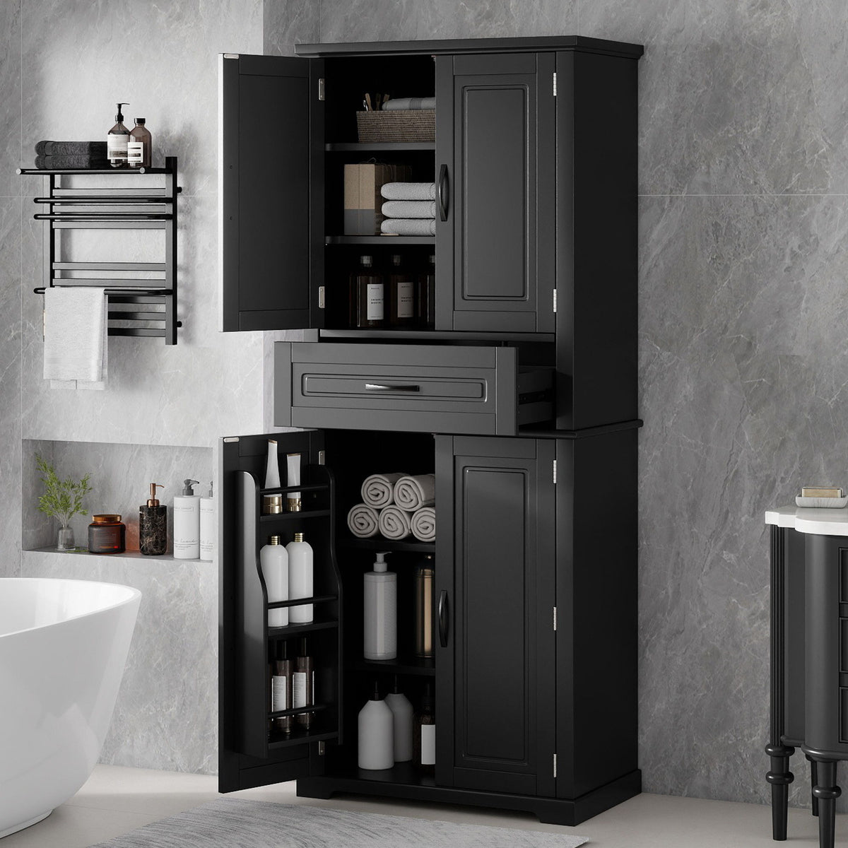 Black bathroom storage cabinet with open compartments, doors, and pull-out drawer