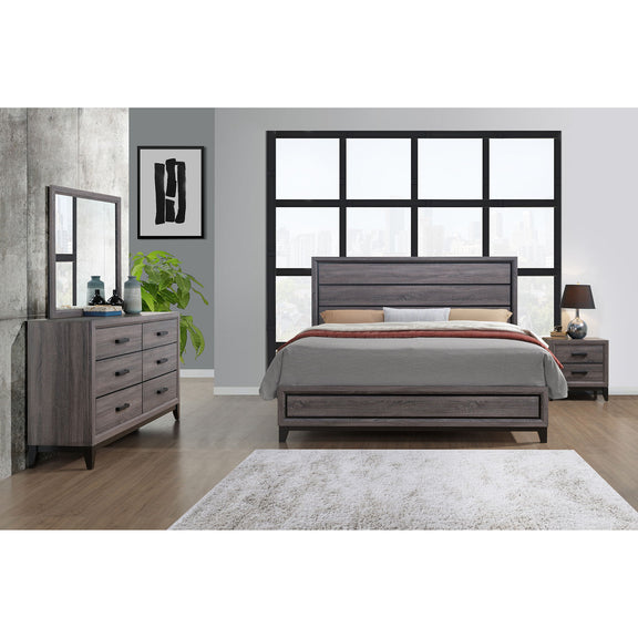 Dark gray bedroom bed with slat headboard and matching footboard