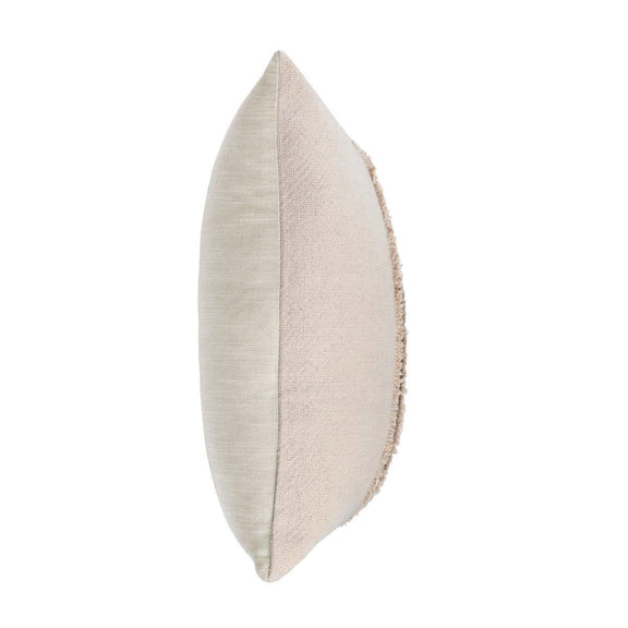 Natural fabric square pillow side view with textured gray edge trim