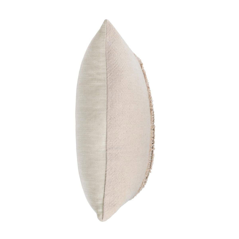 Natural fabric square pillow side view with textured gray edge trim