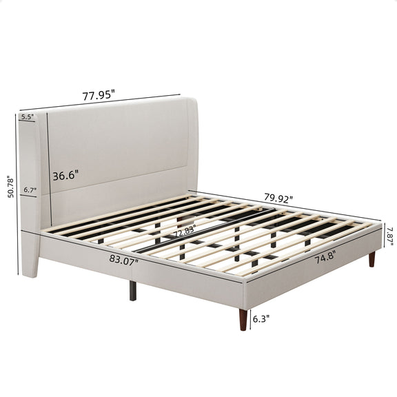 Beige upholstered bed frame with labeled dimensions and exposed slats